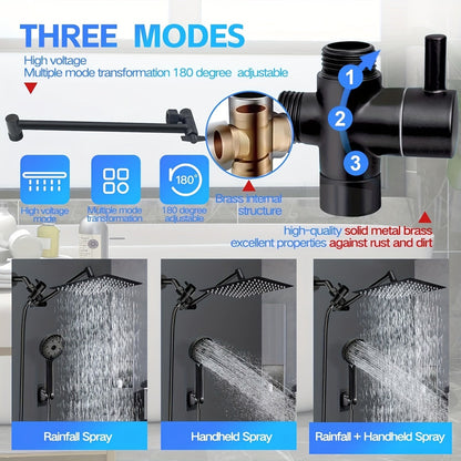 Combiné douche de tête haute pression et douchette à main, bras d'extension de 11 pouces, 9 réglages, anti-fuite, hauteur réglable, chrome noir mat