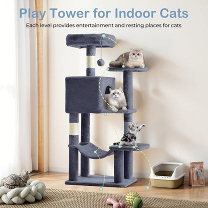 Arbre à chat de 112 cm avec niche et hamac – Poteaux à griffer en sisal naturel, perchoirs à plusieurs niveaux et maison pour chats d'intérieur, disponible en beige, gris, rose et noir/rouge