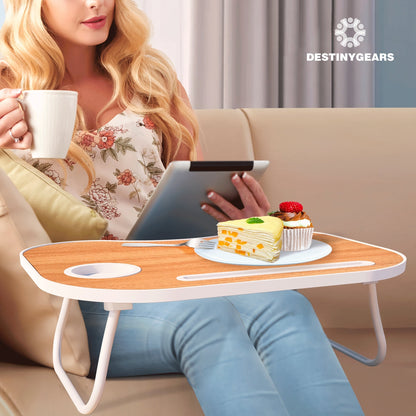 Support pour ordinateur portable avec port USB, tiroir de rangement et porte-gobelet – Plateau de lit en bois noyer pour manger, écrire, canapé, adultes et étudiants