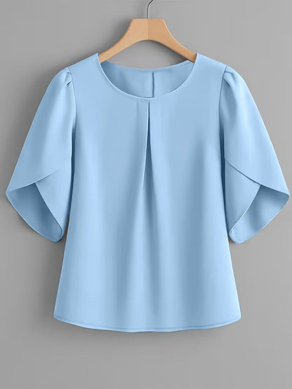 Chemisier femme à manches courtes, col rond, poignets à volants et plis sur la poitrine – Haut élégant en tissu 100 % polyester, semi-transparent, avec manches fendues