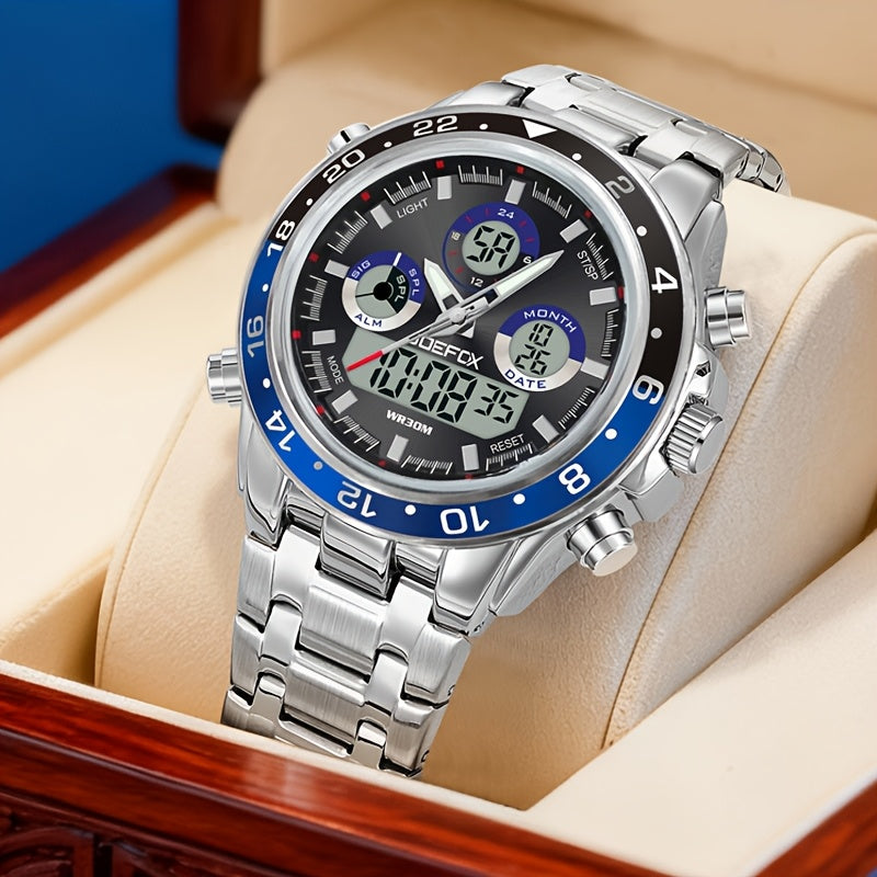 Montre chronographe d'affaires vintage pour homme avec bracelet en acier – Montre-bracelet étanche à double mouvement avec outil de réglage de bracelet, cadeau d'anniversaire ou de fête des pères pour homme
