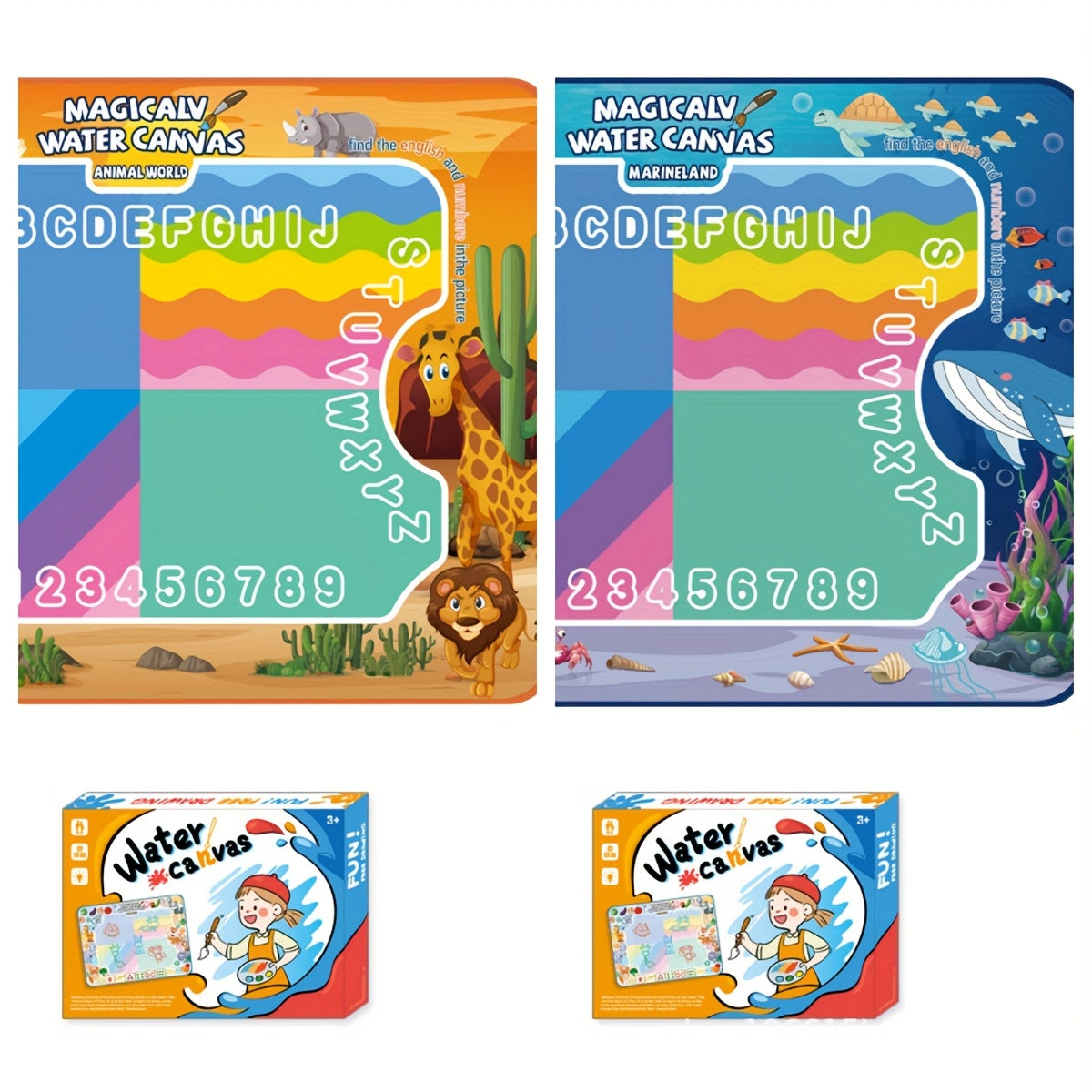 Tapis de dessin à l'eau pour enfants, toile de peinture magique réutilisable, kit d'art sans taches, 3 ans et +, grand format 80x60 cm, motifs animaux marins, boîte cadeau