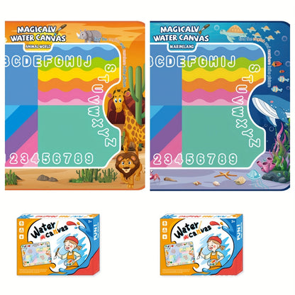 Tapis de dessin à l'eau pour enfants, toile de peinture magique réutilisable, kit d'art sans taches, 3 ans et +, grand format 80x60 cm, motifs animaux marins, boîte cadeau