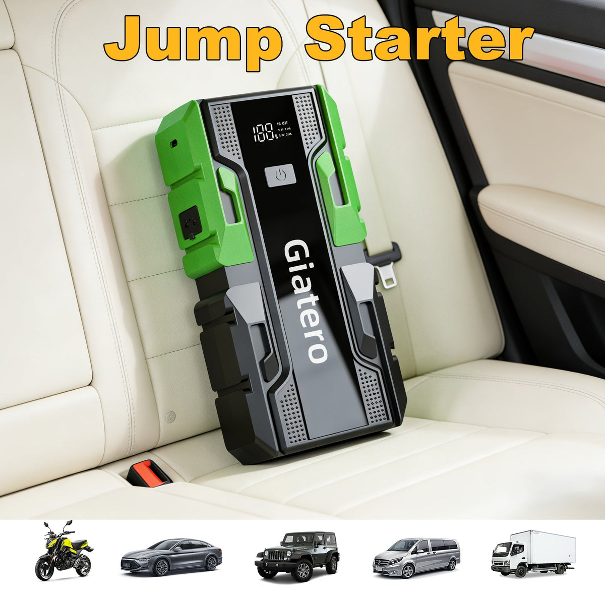 Démarreur de voiture portable 12 V avec compresseur d'air intégré – Booster de batterie d'urgence pour moteurs essence (14 L) et diesel (12 L), camions et voitures, alimentation de secours pour démarrage