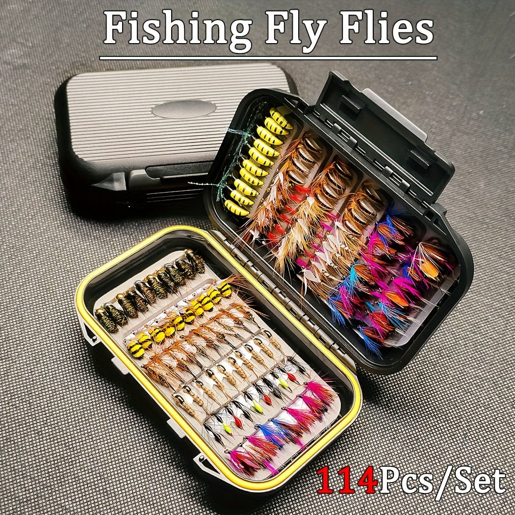 Assortiment de 114 mouches de pêche à la mouche avec boîte portable - 11 styles mixtes de mouches sèches/noyées, nymphes et streamers, hameçons de taille 10 pour truite, bar, saumon, steelhead et carpe - Eau douce et eau de mer