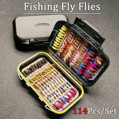 Assortiment de 114 mouches de pêche à la mouche avec boîte portable - 11 styles mixtes de mouches sèches/noyées, nymphes et streamers, hameçons de taille 10 pour truite, bar, saumon, steelhead et carpe - Eau douce et eau de mer