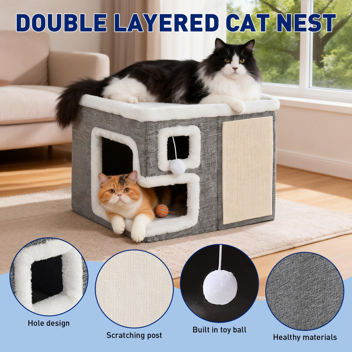Maison pour chat 3-en-1 d'intérieur – Ottoman luxueux en bois pour dormir, jouer et faire ses griffes, cube refuge pour chats, adapté aux foyers multi-chats, gris clair, taille standard et grande