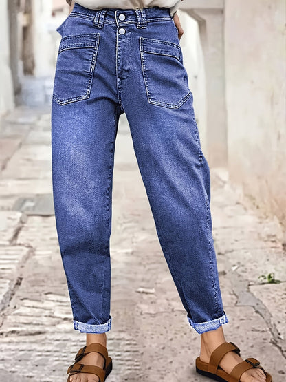 Jean droit stretch taille mi-haute pour femme - Vert olive, braguette à boutons, poches latérales, passants de ceinture, jean baggy stretch 4 directions mode urbaine pour tenue décontractée ou semi-formelle toutes saisons, lavable en machine