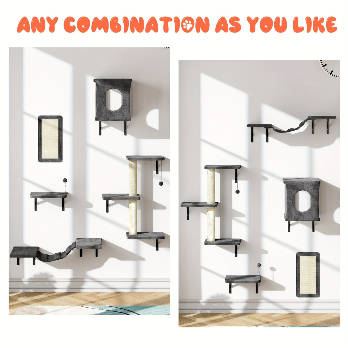 Ensemble de 5 étagères murales pour chats - Perchoir, grimpeur et pont flottants pour chats, mobilier moderne pour chats d'intérieur, alternative à l'arbre à chat avec plateforme de couchage, maison pour chat gain de place