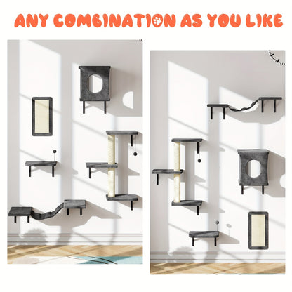 Ensemble de 5 étagères murales pour chats - Perchoir, grimpeur et pont flottants pour chats, mobilier moderne pour chats d'intérieur, alternative à l'arbre à chat avec plateforme de couchage, maison pour chat gain de place