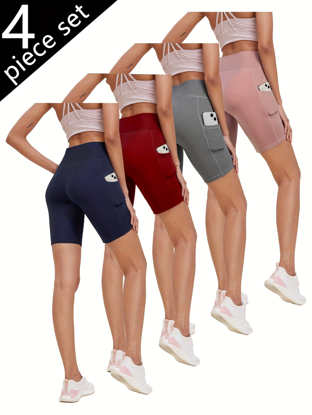 Shorts de yoga taille haute pour femmes, lot de 4, effet push-up, 5 poches – Shorts de sport respirants, extensibles et sans couture pour l'été, le yoga, le Pilates et l'entraînement en salle (Rouge, Noir, Gris, Bleu marine)