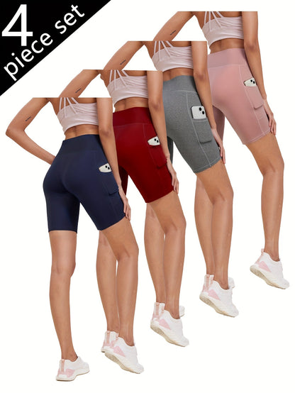 Shorts de yoga taille haute pour femmes, lot de 4, effet push-up, 5 poches – Shorts de sport respirants, extensibles et sans couture pour l'été, le yoga, le Pilates et l'entraînement en salle (Rouge, Noir, Gris, Bleu marine)