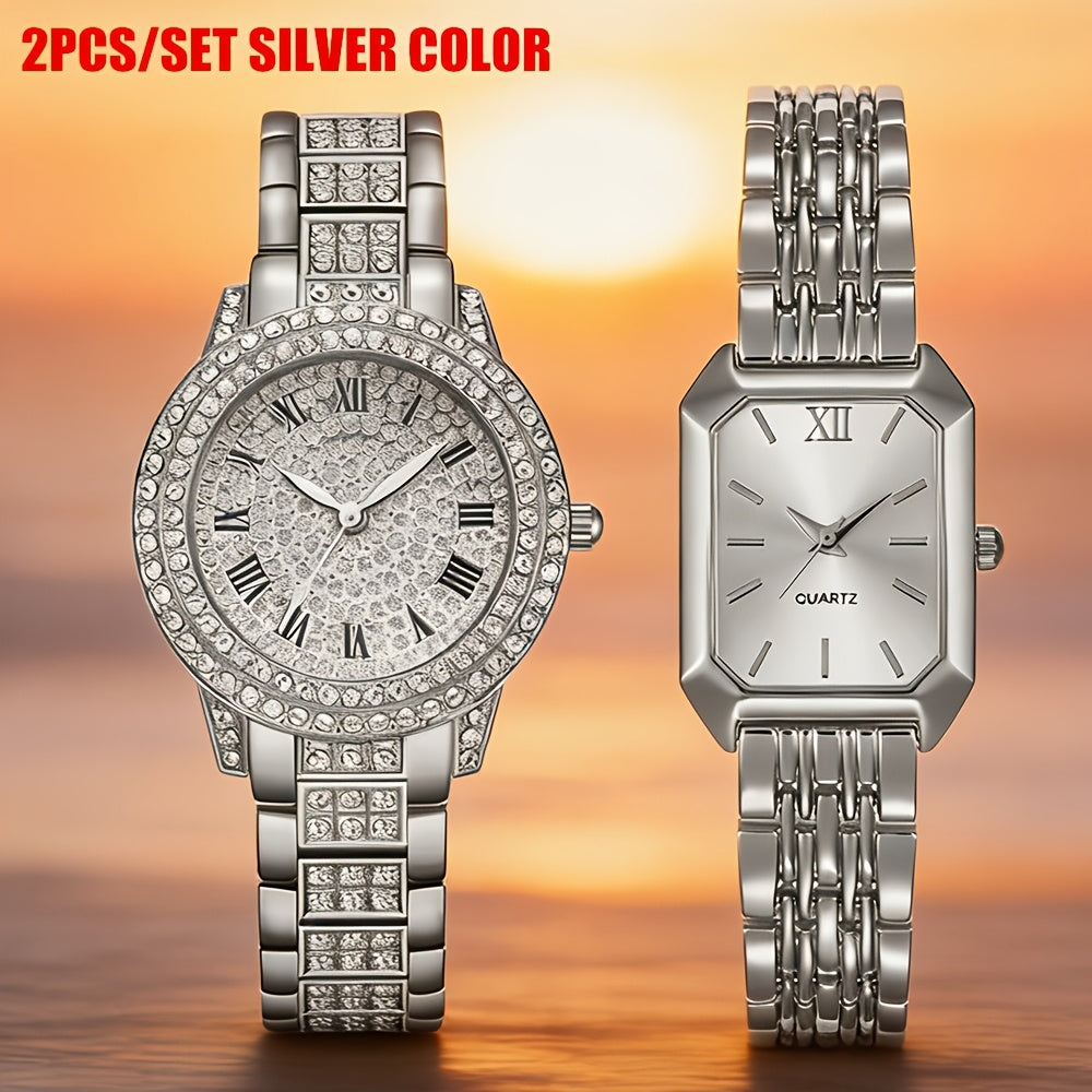 Ensemble de 2 montres pour femmes, montre-bracelet à quartz dorée – Élégante montre analogique pour femme, cadeau décontracté et stylé pour femme, tons or rose et argent