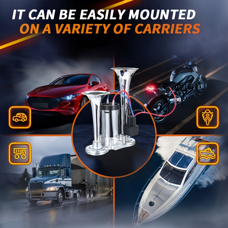 Kit de klaxon à air double super puissant 12V 24V avec compresseur d'air 105-137 dB, klaxon électrique universel en alliage d'aluminium pour camion, train, voiture, SUV, moto, bateau et pick-up