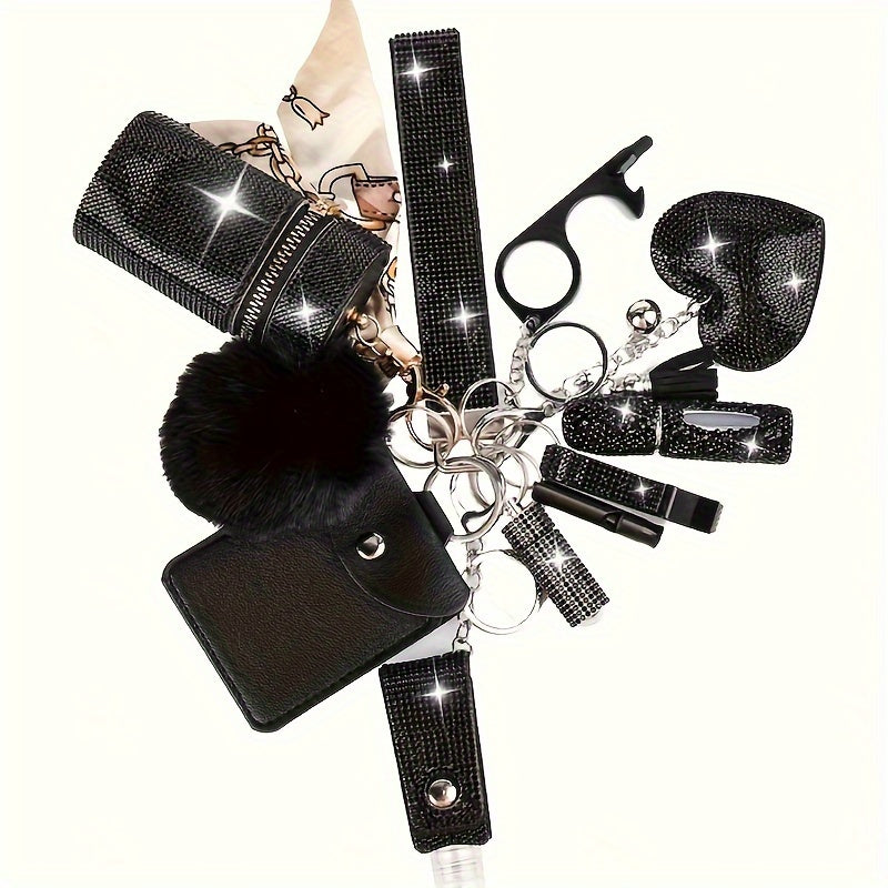 Ensemble de 11 porte-clés à strass pour femmes – Anneau multifonction avec porte-carte, pilulier, sifflet, flacon de parfum et pochette de rangement, cadeau idéal pour elle