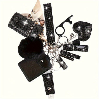 Ensemble de 11 porte-clés à strass pour femmes – Anneau multifonction avec porte-carte, pilulier, sifflet, flacon de parfum et pochette de rangement, cadeau idéal pour elle