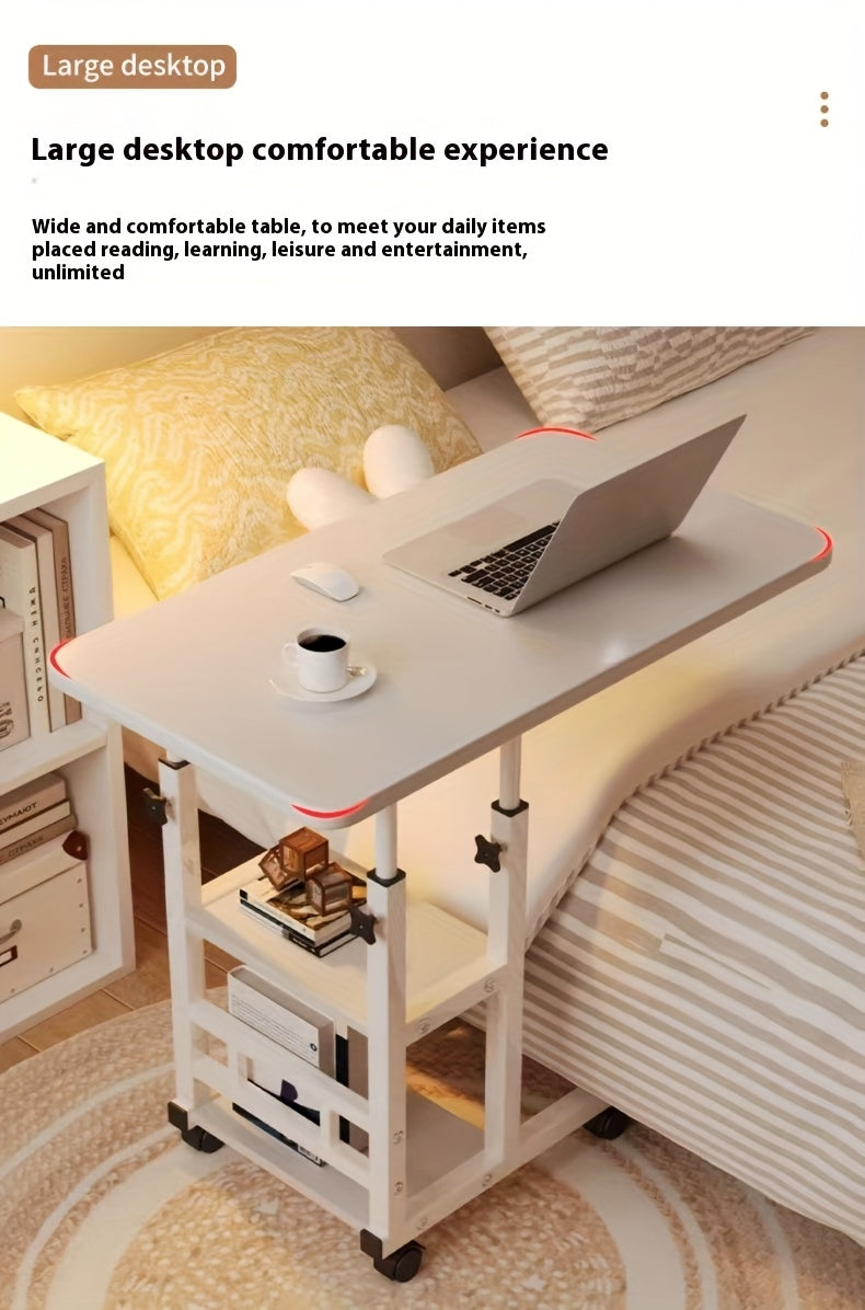Table pour ordinateur portable réglable en hauteur avec 4 roulettes et double étagère – Bureau poste de travail mobile pour chevet, dortoir, bureau, salon, structure en acier robuste, design gain de place