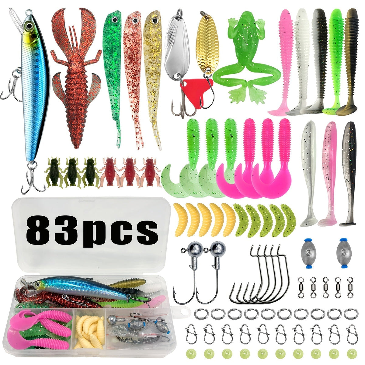 Kit d'articles de pêche complet pour eau douce, de 83 à 409 pièces – Spinnerbaits, crankbaits, têtes plombées, plombs, hameçons et mallette de rangement, assortiment ultime de leurres pour la pêche au bar pour débutants et professionnels