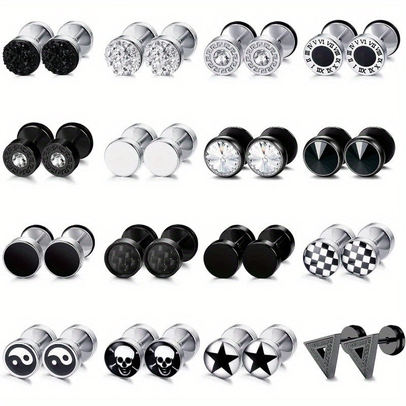 Lot de 16 fausses boucles d'oreilles écarteurs pour hommes et femmes – Clous d'oreilles style plug en acier inoxydable 316L, 8 mm, styles variés noirs et argentés, ensemble de boucles d'oreilles hypoallergéniques, idéal pour un cadeau