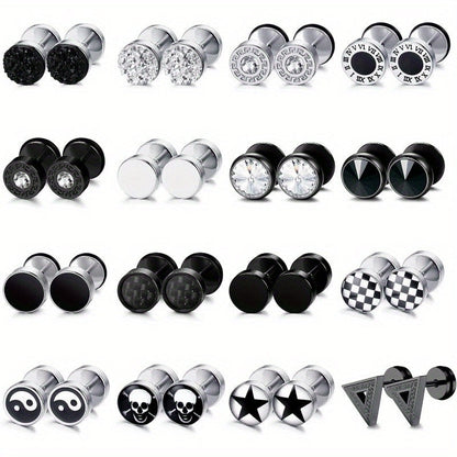 Lot de 16 fausses boucles d'oreilles écarteurs pour hommes et femmes – Clous d'oreilles style plug en acier inoxydable 316L, 8 mm, styles variés noirs et argentés, ensemble de boucles d'oreilles hypoallergéniques, idéal pour un cadeau