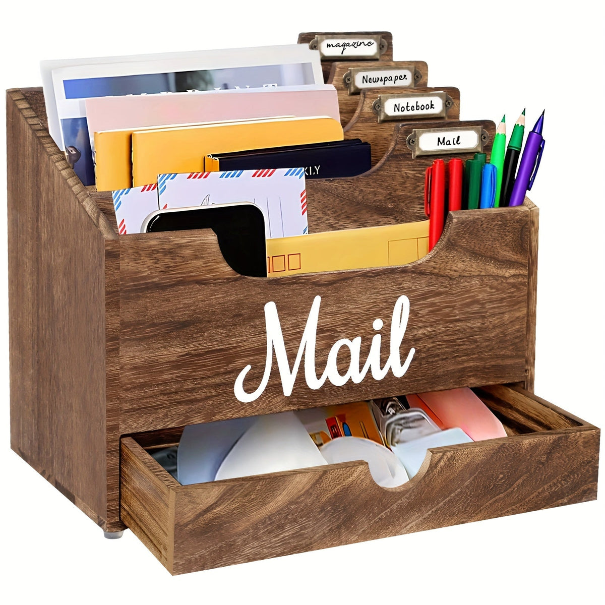 Grand organisateur de courrier de bureau en bois massif avec tiroir, 4 compartiments et séparateurs étiquetables pour dossiers, lettres et papier, organisateur de bureau pour bureau à domicile, étudiants et professionnels