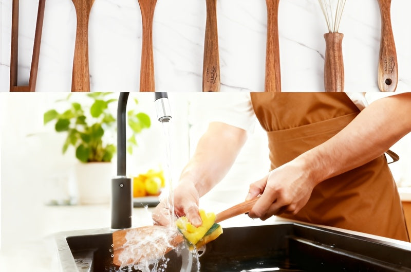Ensemble d'ustensiles de cuisine en bois 3/5/7 pièces, cuillères, spatules, spurtle, louche et spatule à wok en bois naturel avec poignées ergonomiques, outils de cuisine robustes, résistants à la chaleur et sans danger pour les revêtements antiadhésifs