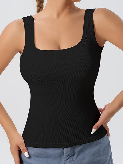 Women's Scoop Neck Tank Top Removable Chest Padding Slim Fit Casual Summer Sleeveless Top 8 Colors XS-XL