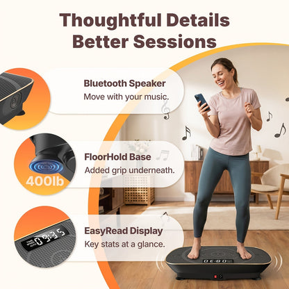 Plaque vibrante MERACH CV30 Pro, plateforme d'exercice corps complet à détection automatique avec haut-parleur Bluetooth, bandes de résistance, 10 niveaux de vitesse, écran LED, capacité de 150 à 200 kg – Appareil de fitness pour domicile
