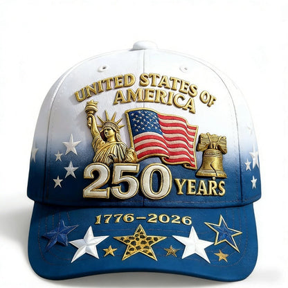 Casquette de baseball patriotique imprimée en 3D pour le 250e anniversaire des États-Unis – Motif Statue de la Liberté, cloche de la liberté et étoiles, chapeau de soleil unisexe réglable pour le 4 juillet, randonnée en plein air et cadeau commémoratif