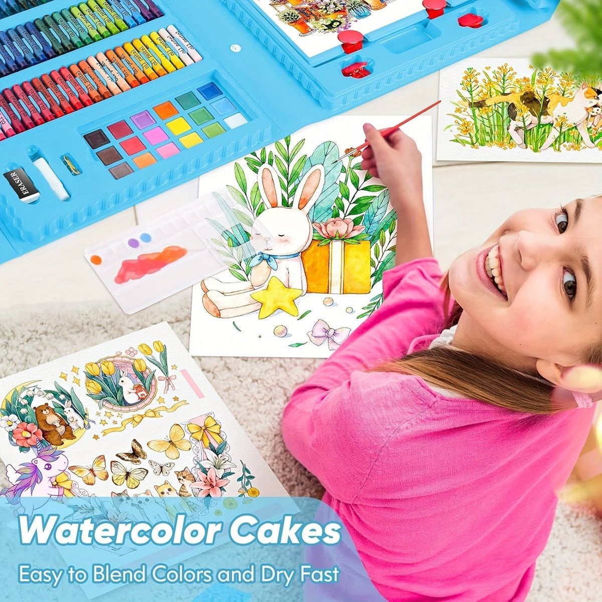 Set de 228 pièces pour activités artistiques pour enfants, kit de dessin et peinture de luxe avec pastels à l'huile, crayons de cire, feutres colorés et acryliques, pinceaux aquarelle et bloc à dessin, cadeau pour enfants