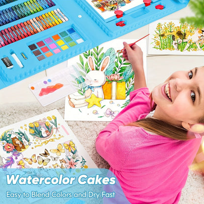 Set de 228 pièces pour activités artistiques pour enfants, kit de dessin et peinture de luxe avec pastels à l'huile, crayons de cire, feutres colorés et acryliques, pinceaux aquarelle et bloc à dessin, cadeau pour enfants