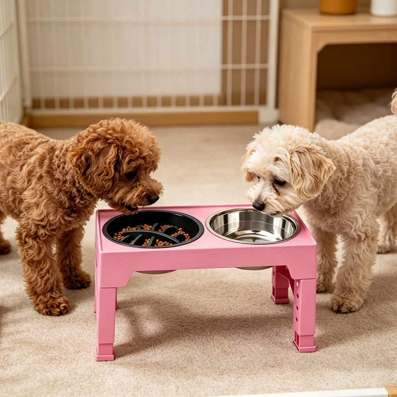 Support de gamelle réglable en hauteur avec gamelle anti-glouton et bol en acier inoxydable – Station de nourriture pliable à 5 niveaux pour chiens et chats de taille moyenne à grande, noir et rose