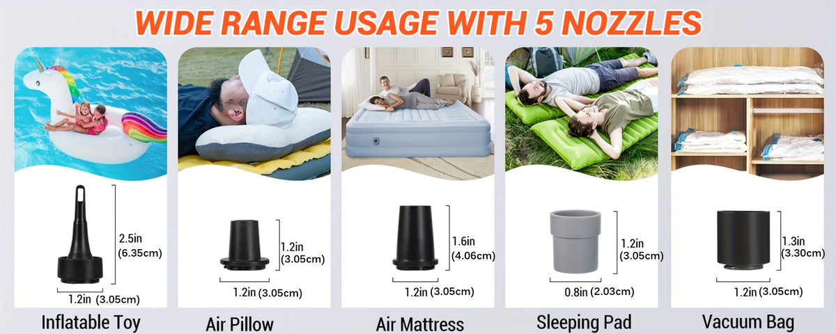Pompe à air électrique portable 2600 mAh rechargeable par USB – Gonflage ultra-rapide pour matelas pneumatique, bouée, sacs de rangement sous vide et sacs de couchage, pompe de camping compacte et légère pour l'extérieur