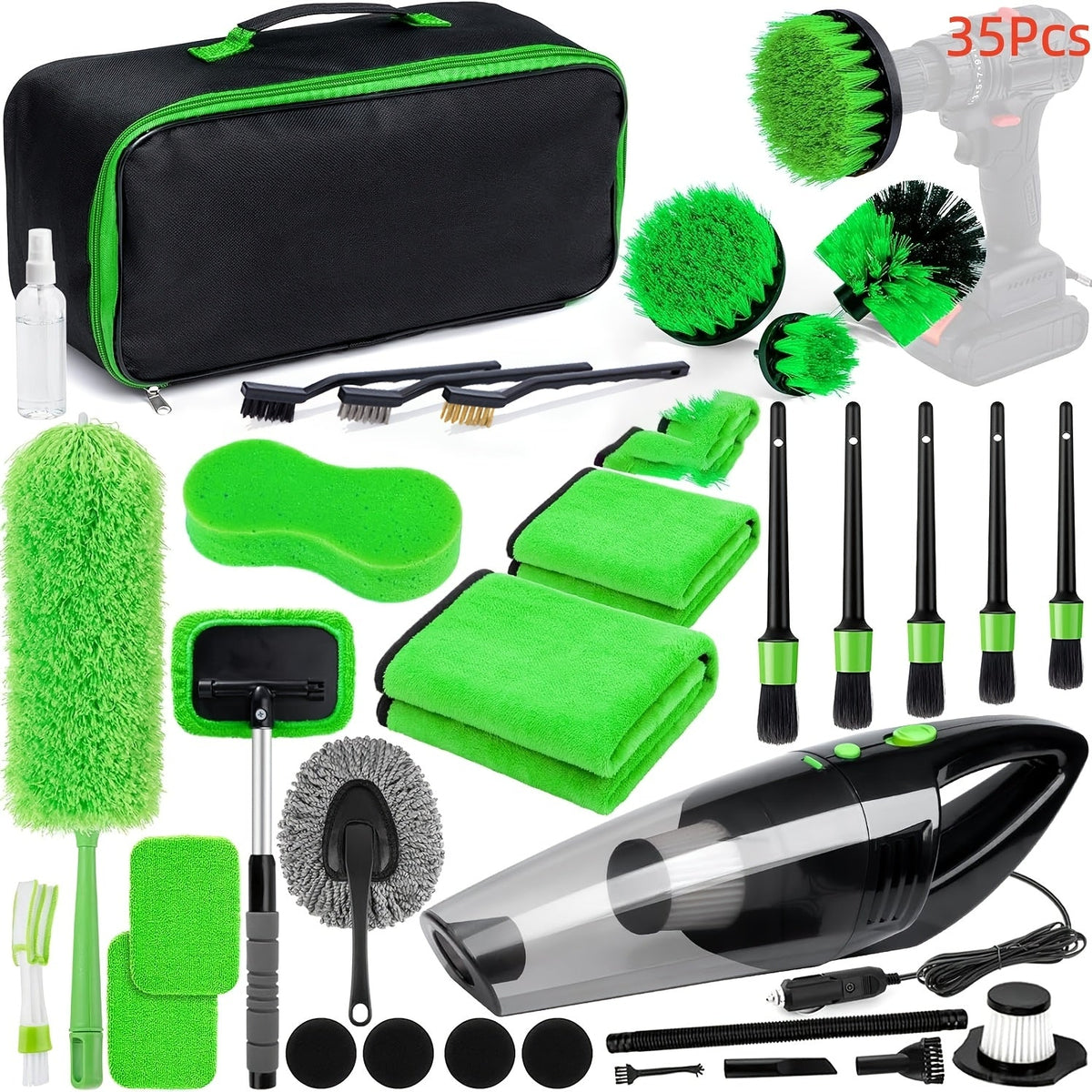 Kit de nettoyage automobile 17-35 pièces – Aspirateur portable, outil de nettoyage de pare-brise, jeu de brosses pour perceuse et ensemble de brosses pour habitacle pour un detailing complet, cadeau de fêtes pour la famille et les amis