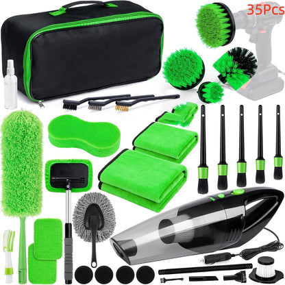 Kit de nettoyage automobile 17-35 pièces – Aspirateur portable, outil de nettoyage de pare-brise, jeu de brosses pour perceuse et ensemble de brosses pour habitacle pour un detailing complet, cadeau de fêtes pour la famille et les amis