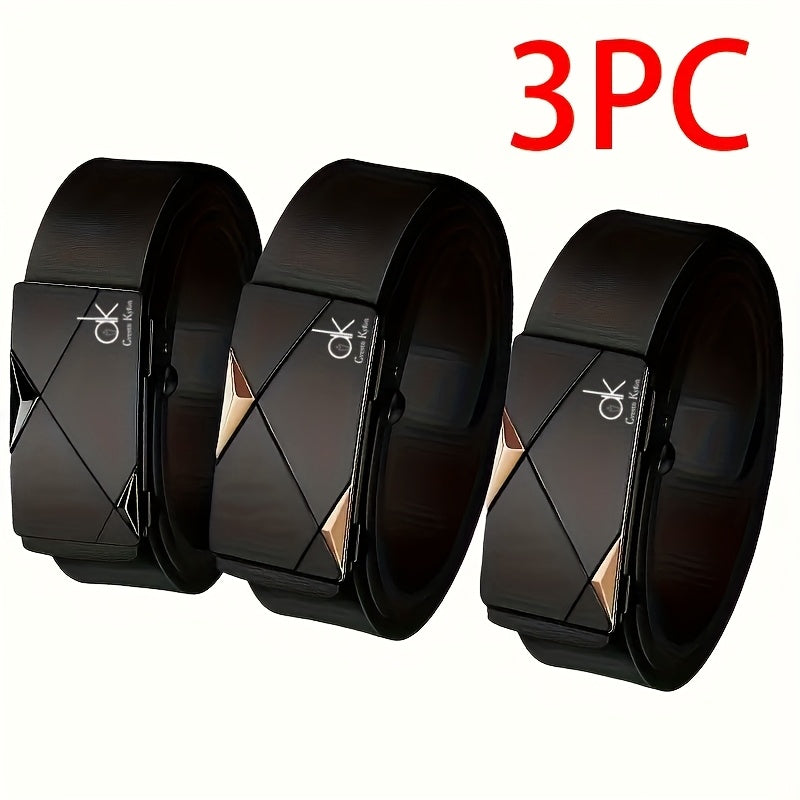 Lot de 3 ceintures pour hommes en cuir de vachette véritable avec boucle automatique en alliage – Ceintures habillées style « business casual » pour homme, réglables et durables, cadeau idéal pour lui