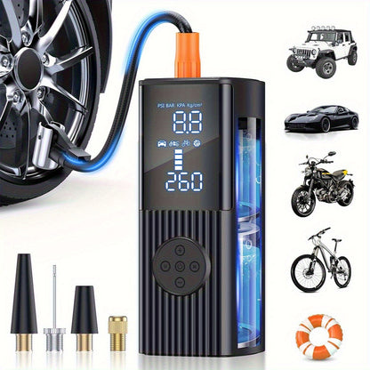 Gonfleur de pneu portable 210 PSI sans fil avec manomètre numérique, batterie rechargeable et lampe LED – Pompe à air sans fil pour voiture, moto, vélo et ballons de sport – Velora