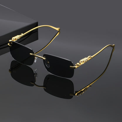 Lunettes de soleil carrées sans monture à motif léopard pour hommes et femmes – Monture dorée avec étui et chiffon de nettoyage, verres champagne blanc gris, lunettes unisexe tendance pour tenues décontractées, fêtes et accessoires photo
