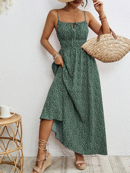 Robe d'été sans manches à fines bretelles pour femme, robe bohème à imprimé intégral avec détail noué, vert, bleu marine, jaune, rouge rose S M L XL XXL