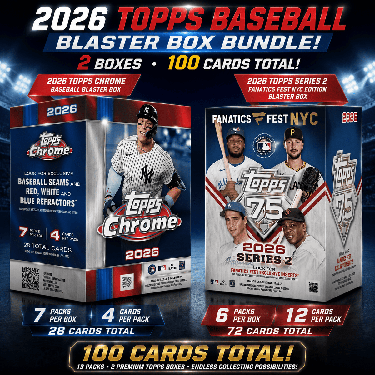 Lot de boîtes Blaster 2026 Topps Baseball – Édition Fanatics Fest NYC Série 2 & Topps Chrome, 13 paquets, 100 cartes au total, scellé en usine – Ensemble de cartes de baseball premium pour collectionneurs et cadeaux