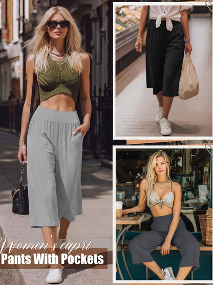 Lot de 3 pantalons Capri pour femme – Pantalons de jogging amples style détente, coupés avec poches et taille élastique, pantalon Capri de yoga pour le printemps, l'été, l'automne et les tenues décontractées du week-end
