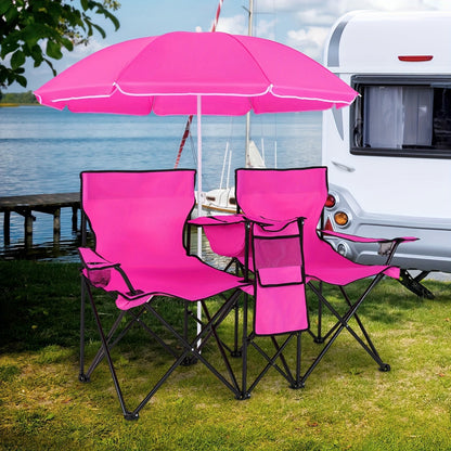Ensemble de 2 chaises de plage pliantes avec parasol, table et sac isotherme – Chaise de pique-nique compacte et pliable pour la plage, le camping et les sorties en plein air, capacité de 122 kg par siège