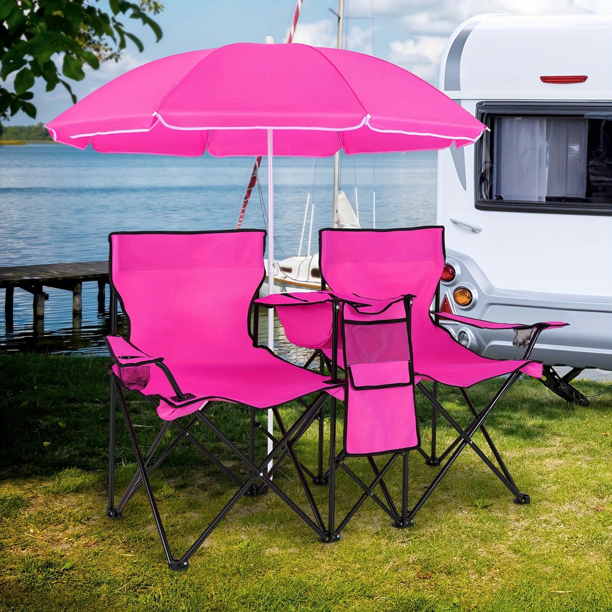 Ensemble de 2 chaises de plage pliantes avec parasol, table et sac isotherme – Chaise de pique-nique compacte et pliable pour la plage, le camping et les sorties en plein air, capacité de 122 kg par siège