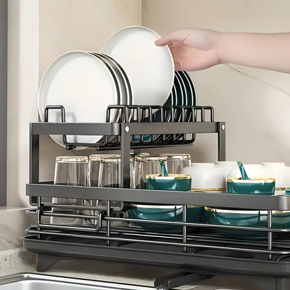 Égouttoir à vaisselle à 2 niveaux pour comptoir de cuisine avec plateau d'égouttage, tapis de drainage, porte-couteaux, porte-fourchettes, porte-gobelets, organisateur d'ustensiles, accessoire de cuisine, cadeau pour femme pour la fête des mères
