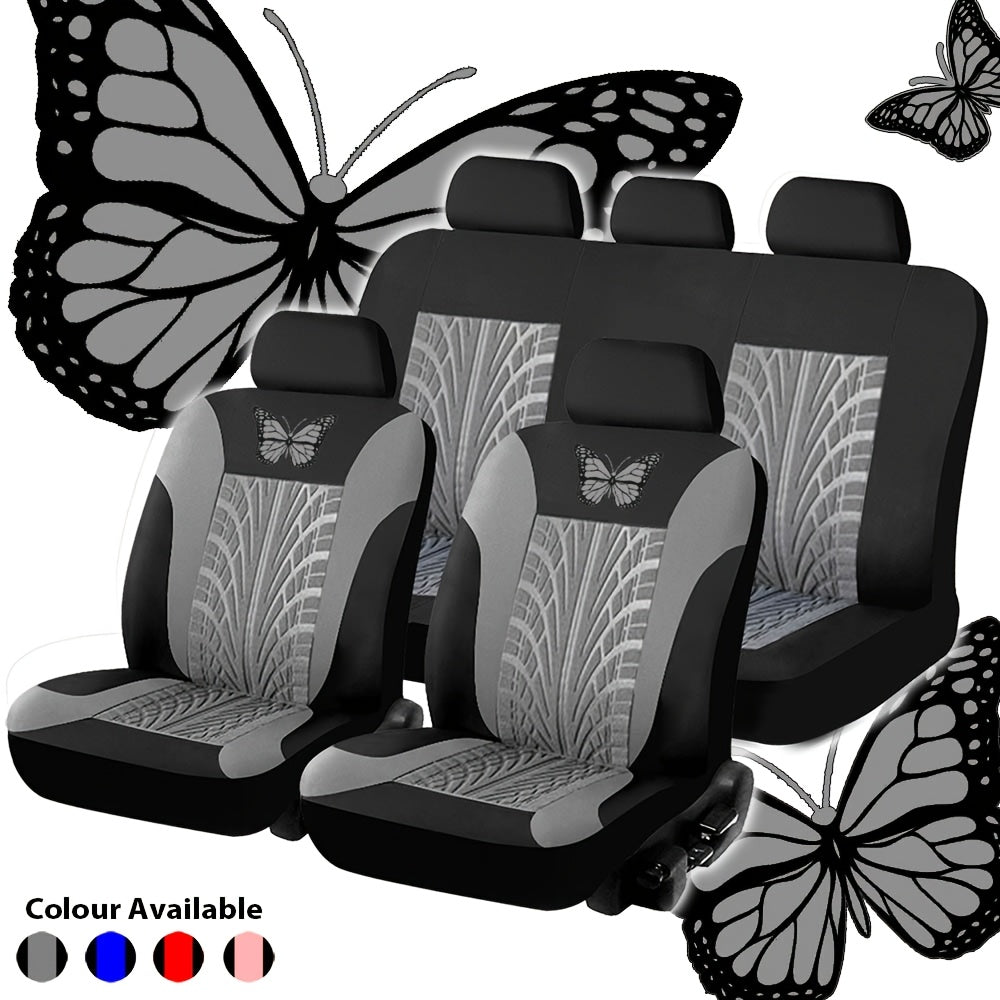 Housses de siège auto universelles pour véhicules 5 places - Motif papillon et pneu, tissu épais respirant et résistant à l'usure, ensemble complet de protection des sièges avant et arrière, convient à la plupart des voitures, camions et SUV