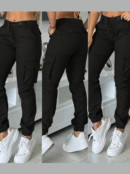 Pantalon cargo jogger taille haute pour femme, coupe ajustée, poches et cordon de serrage, pantalon décontracté cheville, printemps automne, noir kaki gris, XS-XL