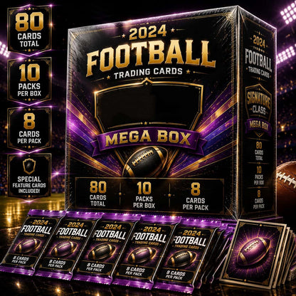 Mega Box de cartes de collection de football américain Topps 2024 – 80 cartes sous scellé d'usine, lot de 10 paquets (8 cartes chacun), cartes spéciales incluses – Parfait pour les collectionneurs, les « card breaks » et les échanges