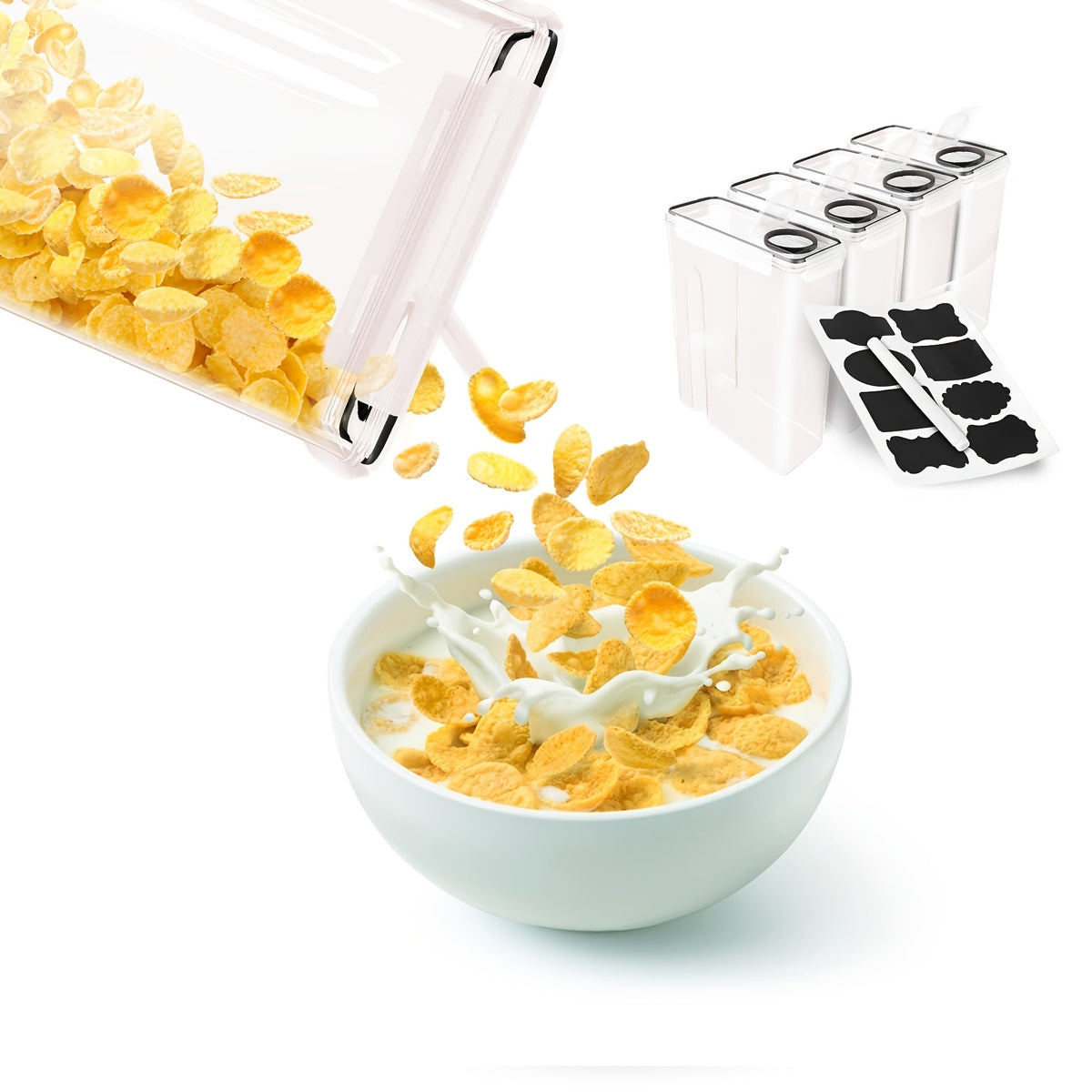 Lot de 4 boîtes de conservation hermétiques pour aliments avec cuillères colorées - Récipients en plastique sans BPA pour nourriture pour chien, chat, friandises, céréales, riz, graines et nourriture pour oiseaux - Set d'organisation de cuisine