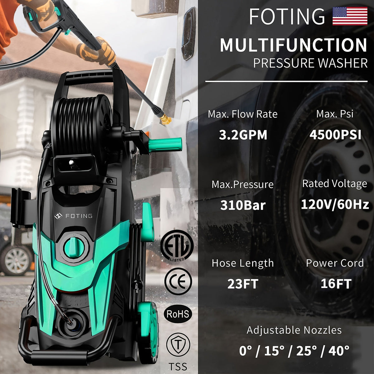 Nettoyeur haute pression électrique 4500 PSI 3,2 GPM – avec canon à mousse, 4 buses à connexion rapide, tuyau d'admission et filtre pour le nettoyage des voitures, clôtures, allées et de la maison