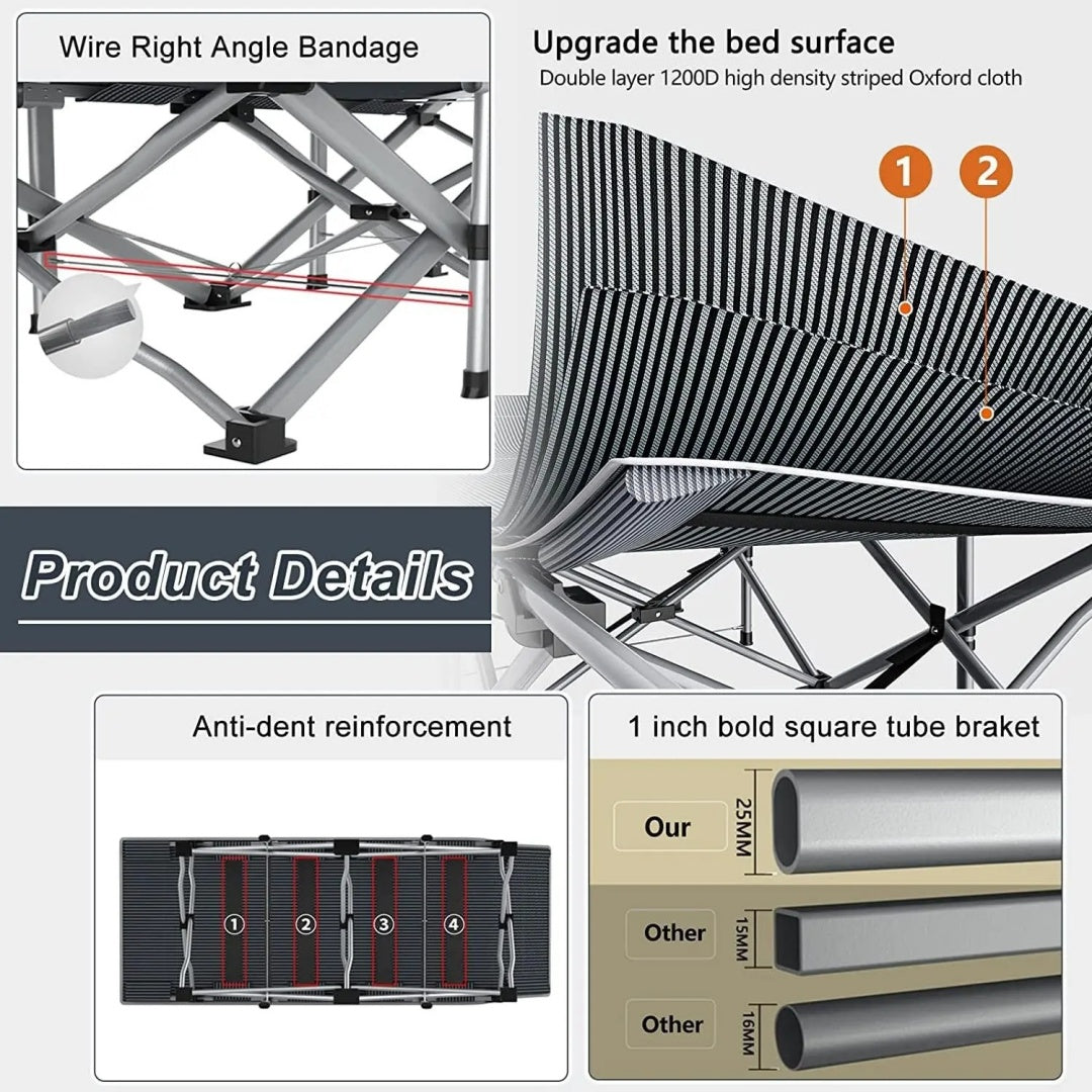 Lit pliant ultra-résistant supportant jusqu’à 285 kg avec matelas en option – Lit de camp portable avec pieds de support multiples, poches latérales et oreiller, lit d'appoint toutes saisons de 150 à 195 cm, peu encombrant